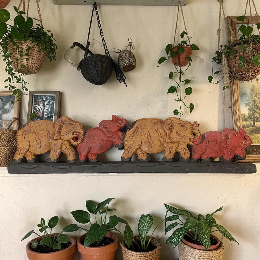 Carved Wood Elephant Wall Hanging Indian Boho Ethnic Over Door Decor 40 Inch